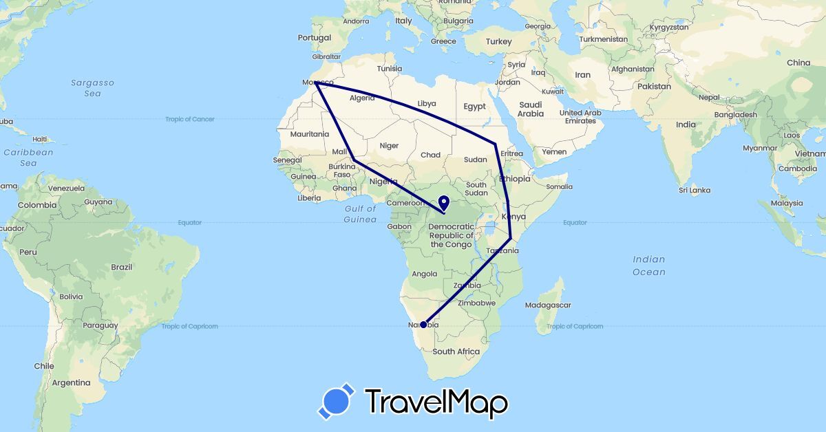 TravelMap itinerary: driving in Democratic Republic of the Congo, Ethiopia, Morocco, Niger, Sudan, Tanzania (Africa)